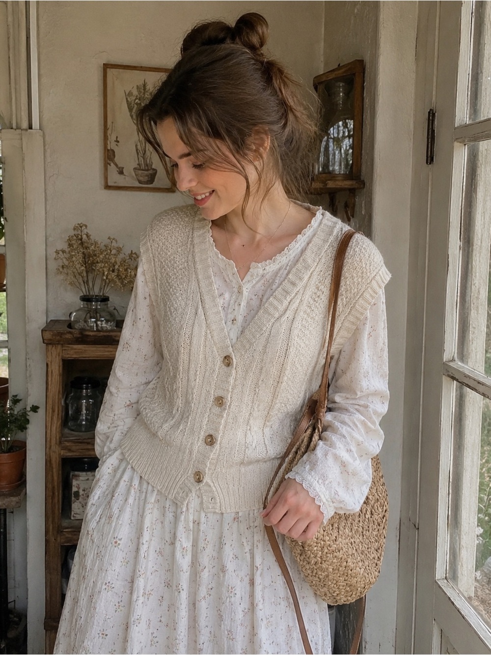 Vintage Toppers USA 100% Cotton Cable Knit Cardigan Sweater Vest Cream Ivory